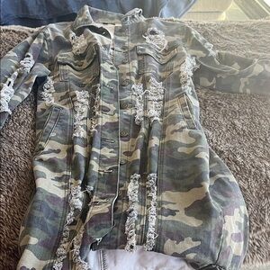 Distressed Camo Button-Up Jacket with Fringe Accents